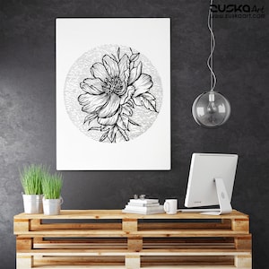 Flor floreciente / cartel de papel mate mejorado / cerezo / arte geométrico / estilo de tatuaje de tinta / negro y blanco / ilustración original /ZuskaArt