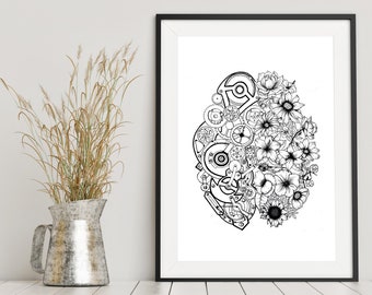 Left Brain Right Brain | Framed Poster | Wall decor | Ink Illustration | Tattoo art | Black and white | Floral art | Mechanisms |Zuska Art