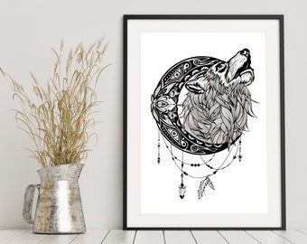 Mandala Mond heulen Wolf | Gerahmte Poster | Wand-Kunst-Dekoration | Tier Geist Totem | Tinte Tattoo Design | Schamanismus | ZuskaArt