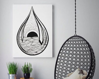 Black Sun Teardrop | Framed Canvas | Ink Tattoo style | Graphic Design | Ocean Waves | Sunrise sunset | Original artwork | ZuskaArt