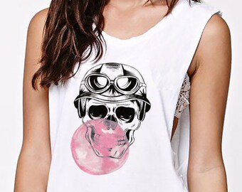 Aviator Sugar Skull | Women Sexy and Flowy Muscle Tank Top | Calaveras | Graphic Tank Top | Day of the dead | Tattoo Ink | ZuskaArt