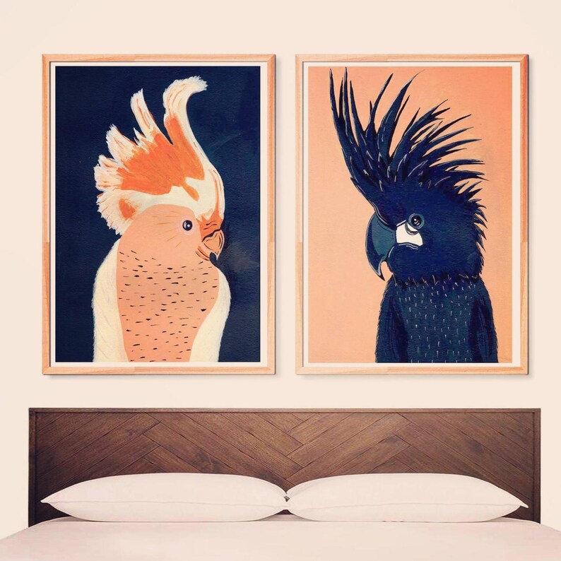Set of 2 Posters Love Birds Parrots Art Couple Art Etsy