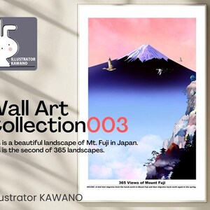 以下が含まれることがあります： 日本の雪山、富士山をデジタルイラストで描いたものです。ピンクとブルーの空に、雲と岩の崖に囲まれた富士山が描かれています。画像の下には「365 Views of Mount Fuji」というテキストがあります。