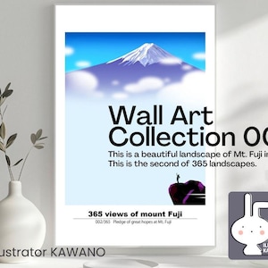 以下が含まれることがあります： 日本の雪山、富士山を描いたデジタルイラストの額装プリント。このプリントは「Wall Art Collection 002」という壁面アートコレクションの一部です。画像の下のテキストには、「This is a beautiful landscape of Mt. Fuji in Japan. This is the second of 365 landscapes.」と「365 views of mount Fuji 002/365 Pledge of great hopes at Mt. Fuji」と記載されています。