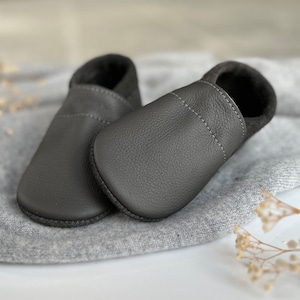 Crawling shoes leather, leather slippers anthracite with name, slippers children, barefoot shoes