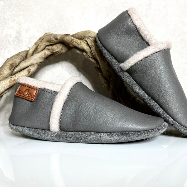 Krabbelschuhe Leder gefüttert mit Fleece in grau/Beige