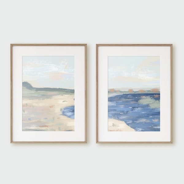 Set van twee kunst aan de muur, Vintage Beach Cove afdrukbaar, landschapsschilderkunst, digitale download