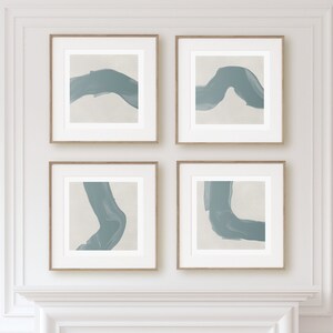 Japandi 4 Piece Wall Art, Printable Textile Wall Art, Teal Abstract Paint Strokes Art