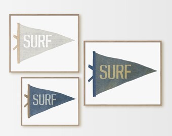 Surf Pennant Flag Gallery Wall Art Set, Digital Download, Printable Set of 3 Coastal Pennant Flags, Modern Nautical Wall Decor