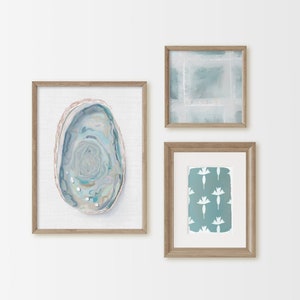 Abalone Shell Coastal Gallery Wall Art Set, Digital Download, Printable Neutral Green Art Set of 3, Beach Modern Art, Blue Wall Decor