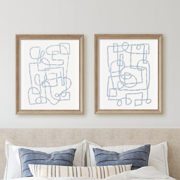 Blue Abstract Art, Set of 2 Scribble Art Prints, Neutral Tones Blue Wall Decor, Digital Download Modern Wall Art