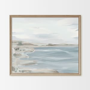 Neutral Coastline Art Print, Muted Blue Landscape Painting, Coastal Wall Art, Digital Download