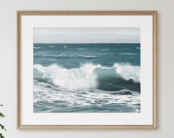 Coastal Wall Art, Ocean Wave Painting, Coastal Interior / Vintage Art Inspired Printable, Neutral Ocean Art