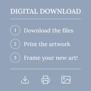 May include: A light blue background with the text "DIGITAL DOWNLOAD" in white. Three steps are listed with numbers and icons: 1. Download the files (download icon), 2. Print the artwork (printer icon), 3. Frame your new art! (picture frame icon).