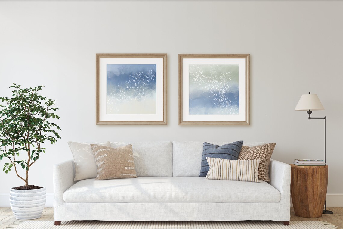 Blue Abstract Art, Set of 2 Coastal Abstract Prints, Neutral Tones Blue