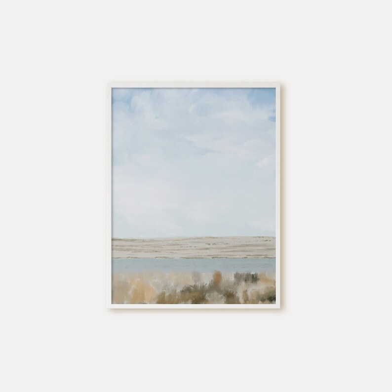 May include: A painting of a landscape with a blue sky, a body of water, and brown grass in the foreground.