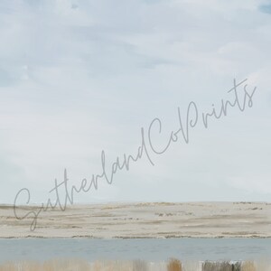 May include: A digital painting of a landscape with a blue sky, white clouds, and a body of water in the foreground. The water is surrounded by brown and green grasses. The text "Sutherland Cove Prints" is written diagonally across the image.