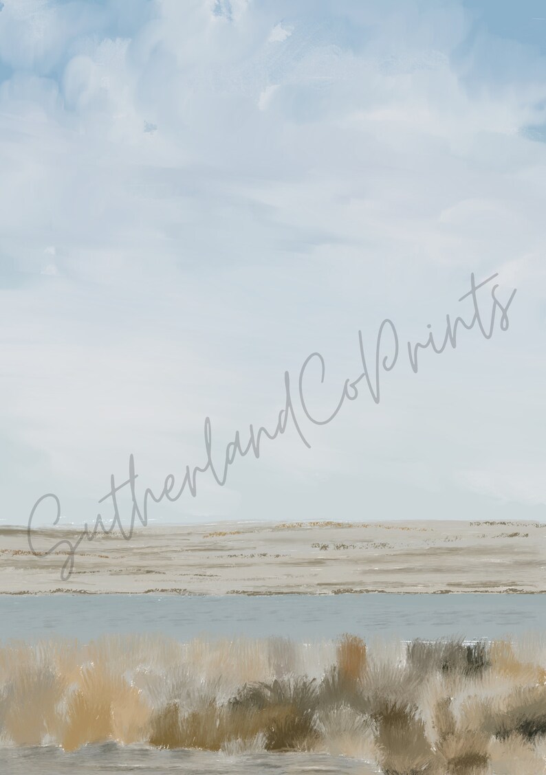 May include: A digital painting of a landscape with a blue sky, white clouds, and a body of water in the foreground. The water is surrounded by brown and green grasses. The text "Sutherland Cove Prints" is written diagonally across the image.