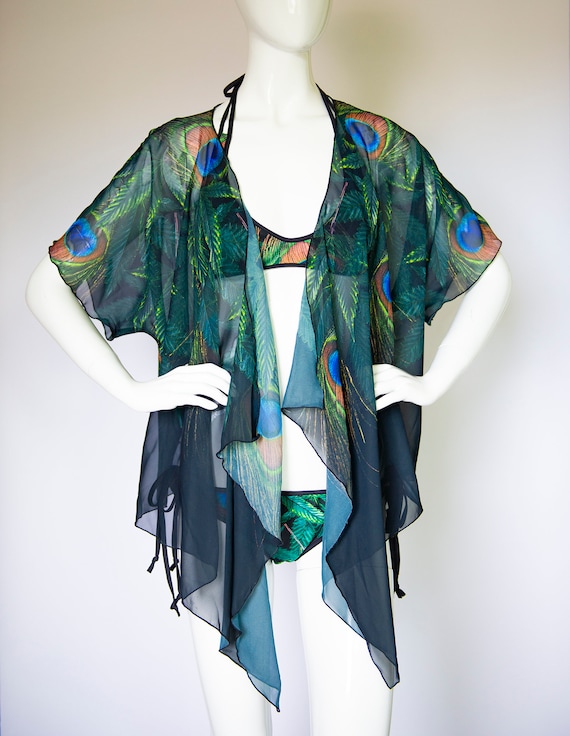 Peacock Kimono Jacket, Fringe Kimono Cardigan, Cannabis Sheer Kimono, Weed Chiffon  Kimono, Marijuana Cover Up, Womens Weed Clothing 