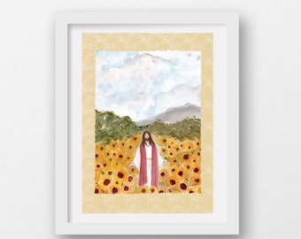 Christ Watercolor, Jesus Watercolor, Sunflower Field Watercolor, Jesus Flowers, Watercolor Floral, Faith, 8x10, Digital Illustration