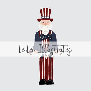 May include: A cartoon illustration of Uncle Sam, a patriotic figure wearing a red, white, and blue top hat, a blue jacket with white stars, and red and white striped pants. The text "Leilei Illustrates" is written in white on a banner.