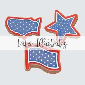 May include: Three red, white, and blue decorated sugar cookies shaped like a star, a flag, and the United States of America.