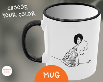 Simple white ceramic mug with drawing on both sides, mug illustrated with a poetic character in black, choose the color of your handle.