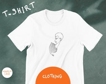 Unisex bio printed t-shirt with illustration of face in profile with striped sweater