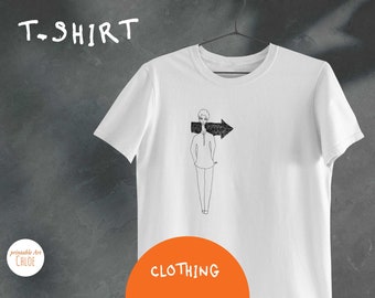 Camiseta unisex bio estampada - ilustración de un personaje delante de una flecha