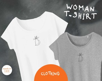 Camiseta gris o blanca para mujer estampado - gato de frente