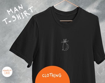 Black men's T-shirt made of soft and elegant organic cotton with a minimalist illustration of a simple cat