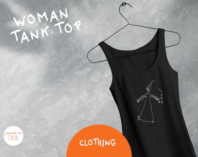 Featured listing image: Soft and tight black tank top printed with a simple illustration in white of a flying character in a long dress
