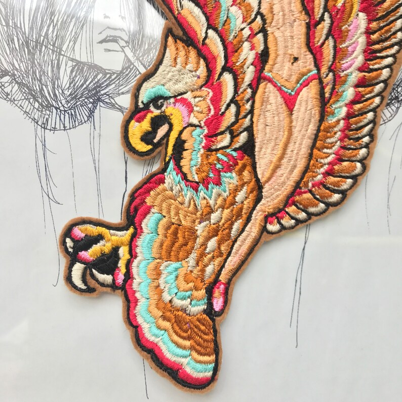 Tattoo Flash Girl and Eagle Embroidered Patch Hand Made Etsy