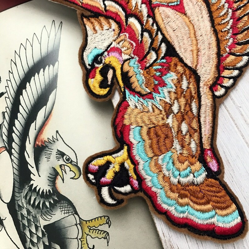 Tattoo Flash Girl and Eagle Embroidered Patch Hand Made Etsy
