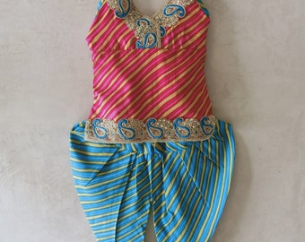 Kundan Lace Work Top lehariya Print Dhoti Dress for Baby Girls Rayon Dress.( Fuchsia And Turquoise color )
