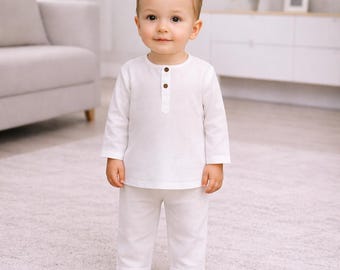 Organic pant shirt Toddler boy: White cotton Baptism Outfit - Baby Boy Formal Infant Clothing