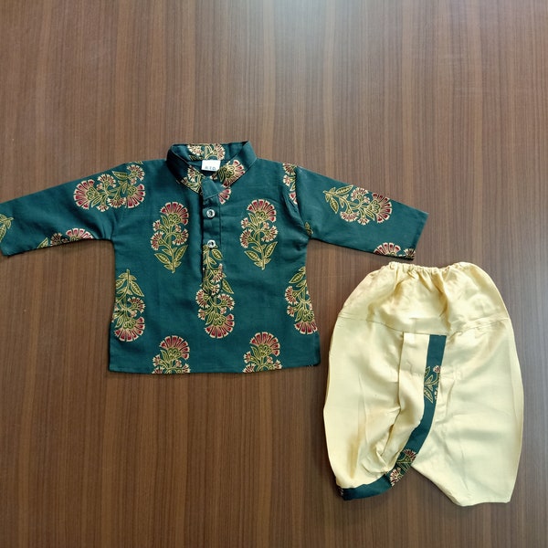 Block Print Kids wear Green Cotton Kurta Rayon Dhoti Infant Traditional Ethnic Dress.