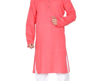 Men's Long Kurta, 100 % Cotton, Indian, Ethnic, cotton flex soft fabric. Peach Color.