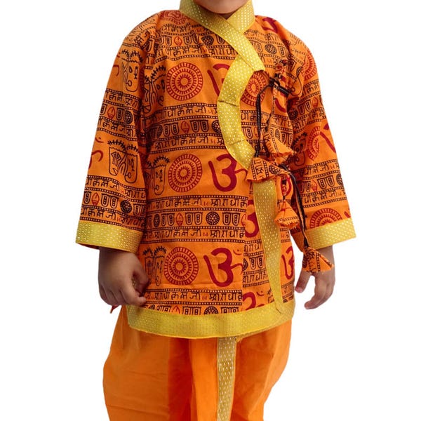 Indian Om Print Saffron Dhoti Kurta, Boy's Traditional  Angrakha Set kids baby wear Ethnic dress.