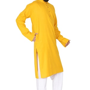 Organic Cotton Long Kurta for Men: Indian Wedding Outfit Mustard Yellow