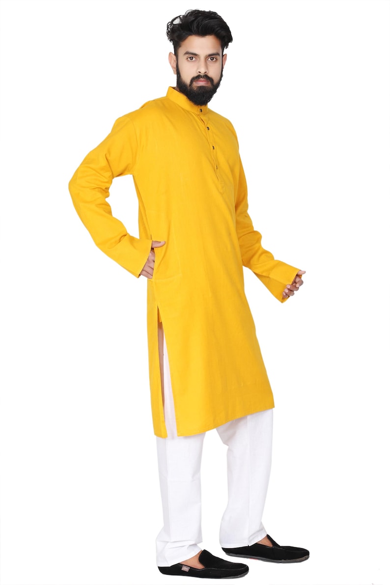Organic Cotton Long Kurta for Men: Indian Wedding Outfit Mustard Yellow