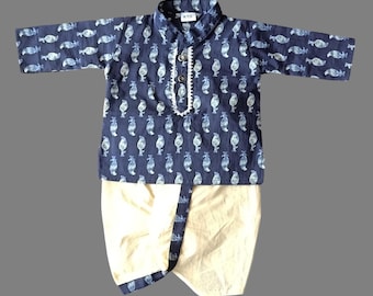 Conjunto de Kurta Dhoti azul índigo para recién nacido: Traje de algodón indio para bebé