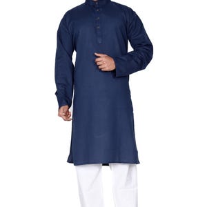 Organic Cotton Long Kurta for Men: Indian Wedding Outfit Dark Blue