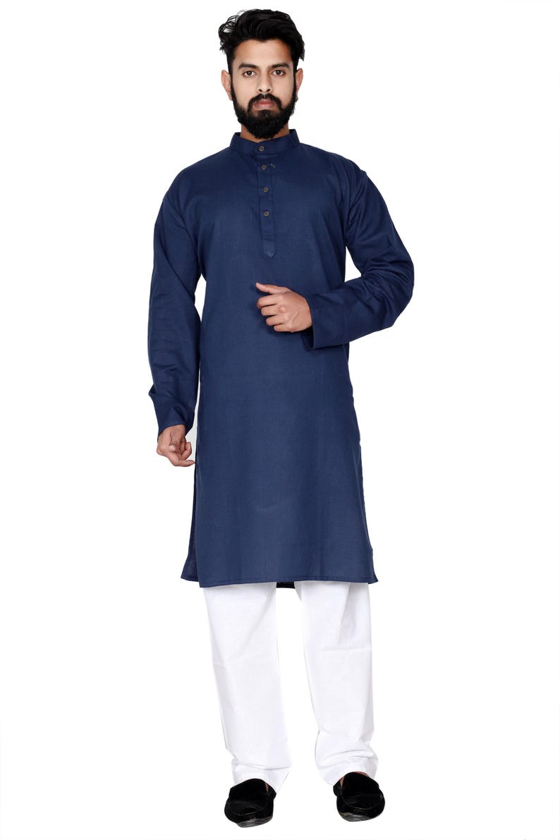Organic Cotton Long Kurta for Men: Indian Wedding Outfit Dark Blue