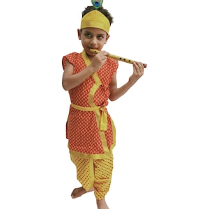 Kinder Krishna Kostüm: Safran Dhoti Kurta Set mit Flöte indische ethnische Babykleidung