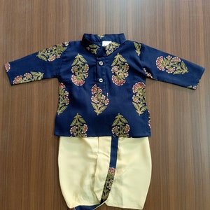 Blue Cotton Kurta Rayon Dhoti Pant Dress Block Print Kids Infant Traditional Ethnic Wear.