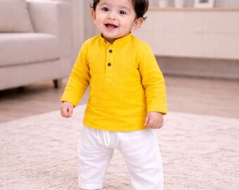 Organic Cotton Newborn Baby Dress Traditional Yellow Kurta Pajama – Baby Boy Festive Outfit