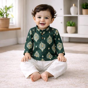 Conjunto de pijama Kurta para bebé niño: traje de boda indio con estampado de bloques