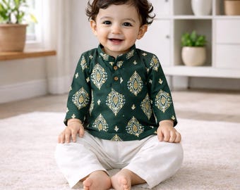 男の子用クルタパジャマセット 幼児用衣装：ブロックプリントのインドのウェディング衣装