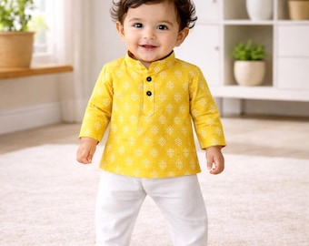 Yellow Kurta Pajama for Baby Boy: Indian Haldi Outfit, Organic Cotton